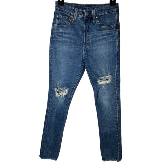 Women's Levi’s 501 S Skinny Jeans Size 25x28 Distressed Destroyed Legs Raw Hem‎ - Picture 1 of 6